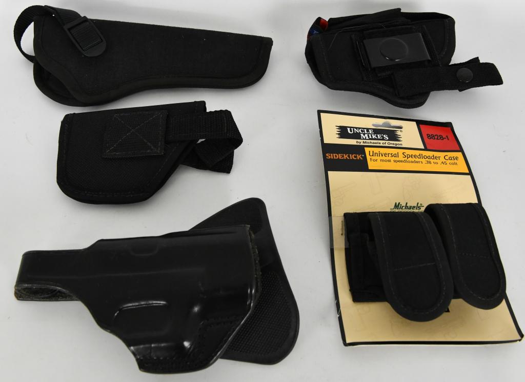 Lot Of 5 Various Uncle Mikes & Galco Holsters: Lot Of 5 Various Uncle Mikes & Galco Holsters , This Lot Includes 1 Uncle Mikes Sidekick Size 3 , WRB Size 2 , Galco International Size 6 Holster , Ace Case , & Uncle Mikes Sidekick Universal Speedloa