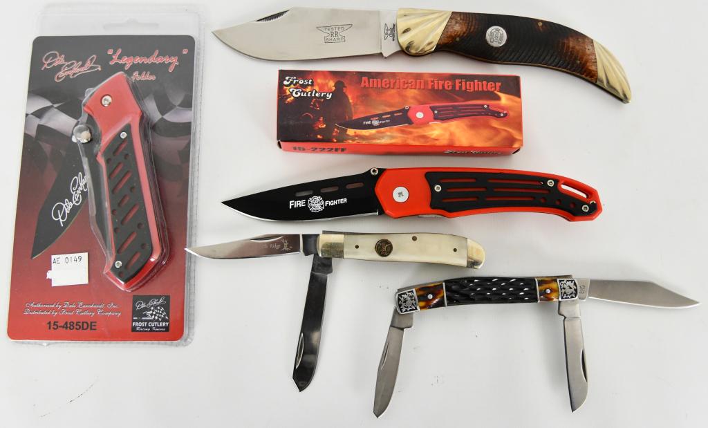Lot Of 5 Frost Cutlery & Misc Knifes: Frost Cutlery Legendary Folder Knife, Frost Cutlery Germ Made Stianless Steel Folding Knife & Smith & Wesson Folding Knife