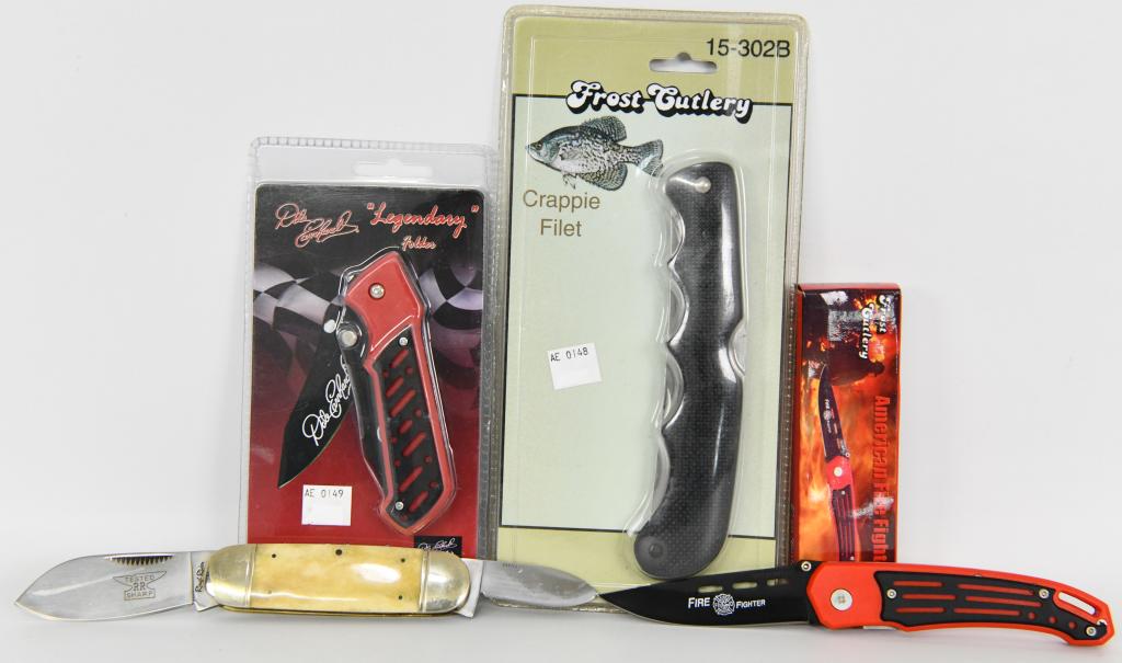 Lot Of 4 Frost Cutlery & Misc Knifes: Frost Cutlery Legendary Folder Knife, Frost Cutlery Germ Made Stianless Steel Folding Knife & Smith & Wesson Folding Knife Frost Cutlery Crappie Filets New