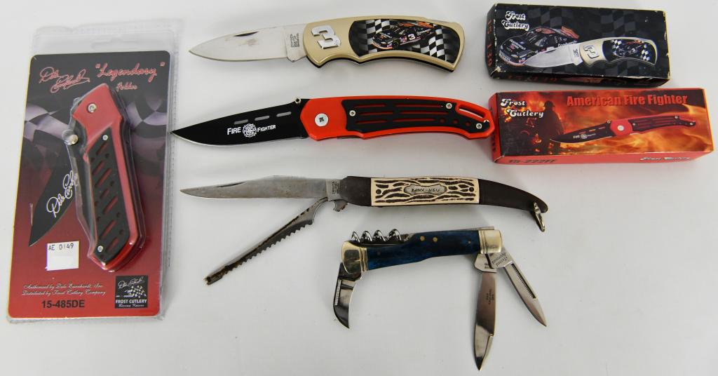 Lot Of 5 Folding Pocket Knives, Some Are New: Lot Of 5 Folding Pocket Knives, Some Are New , This Lot Includes Frost Cutlery American Fire Fighter Knife, Frost Cutlery Legendary Folder Knife New, Frosy Cutlery #3 Race Car Knife , , Fish Knife & M