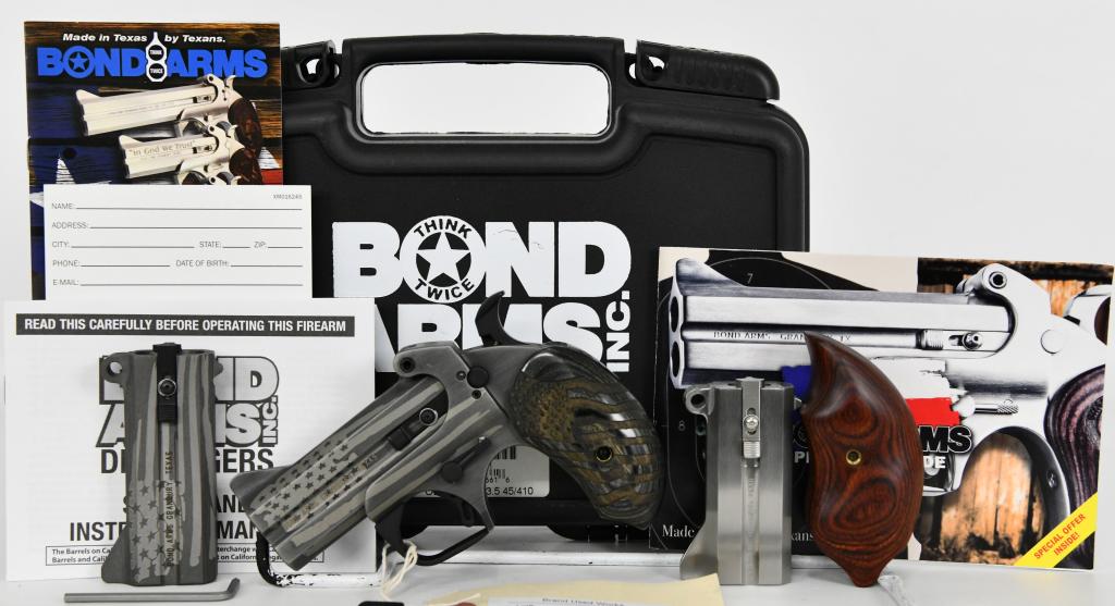 Bond Arms Old Glory Package .357/.45/.410/.22: Up Next We Have a Mint, Could Be Brand New Bond Arms Old Glory Derringer American Flag Package With Three Barrels, .38 Special/ .357 Magnum, .410/ .45 Colt (LC), And .22 LR. It Comes in The Factory Ha