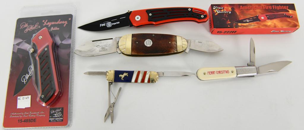 Lot Of 4 New Folding Knifes: Lot Of 4 New Folding Knifes , This Lot Includes Legendary Folder NIP, Frost Cutlery American Fire Fighter Knife NEW , & 3 Various Knifes