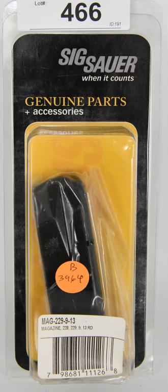Sig Sauer P229 9mm 13 Round Magazine NIP: Sig Sauer P229 9mm 13 Round Magazine NIP P228 & P229 Caliber 9mm Manufacturer Sig Sauer Mag Capacity / Rounds 13rd