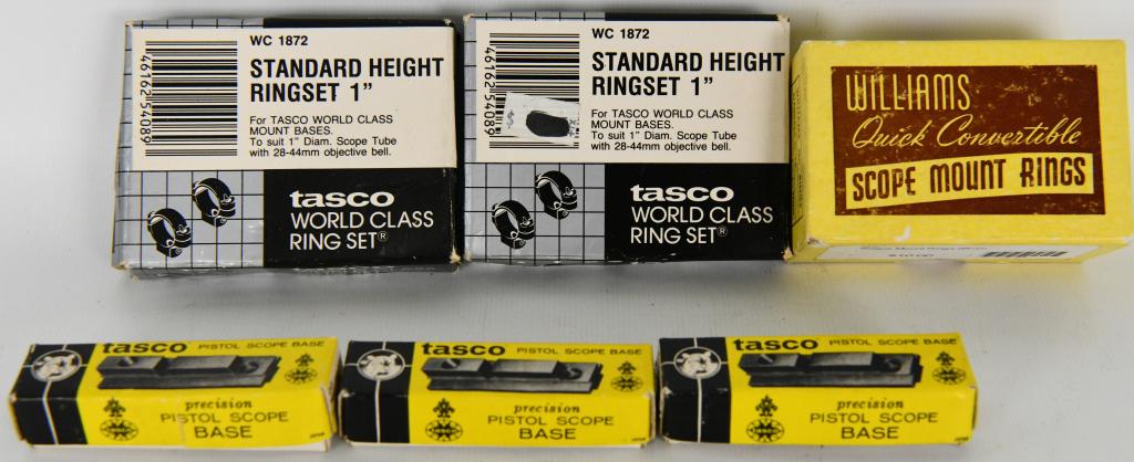 Lot Of 6 Various Vintage Scope Rings & Bases: Lot Of 6 Various Vintage Scope Rings & Bases, This Lot Includes 3 Tasco Pistol Scope Bases, 1 Williams Quick Scope Mount Rings In Original Box 26mm , & 2 Tasco Standard Height Ringset For 1" World Cla
