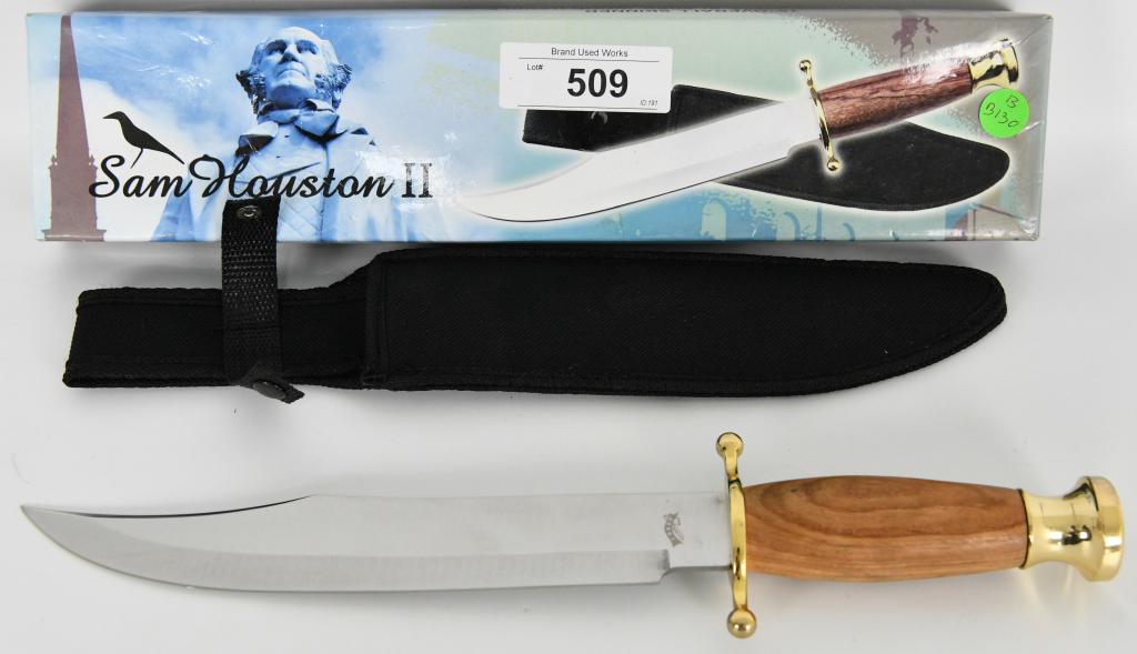 Sam Houston II Fixed Blade Knife w/sheath NEW: Sam Houston II Fixed Blade Knife NEW 16-952 15" Overall Skinner Stainless Steel Blade With Black Nylon Sheath , Wood Handle New In Box