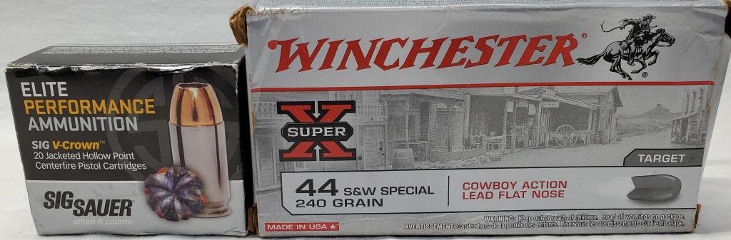 70 Rounds Of .44 S&W Ammunition: 70 Rounds Of .44 S&W Ammunition , 50 Rounds Are Winchester Super-X 240 Grain Cowboy Action Lead Flat Nose Ammo, & 20 Rounds Are Sig Sauer Elite Performance V-Crown Jacketed Hollow Point .44 S&W Specia