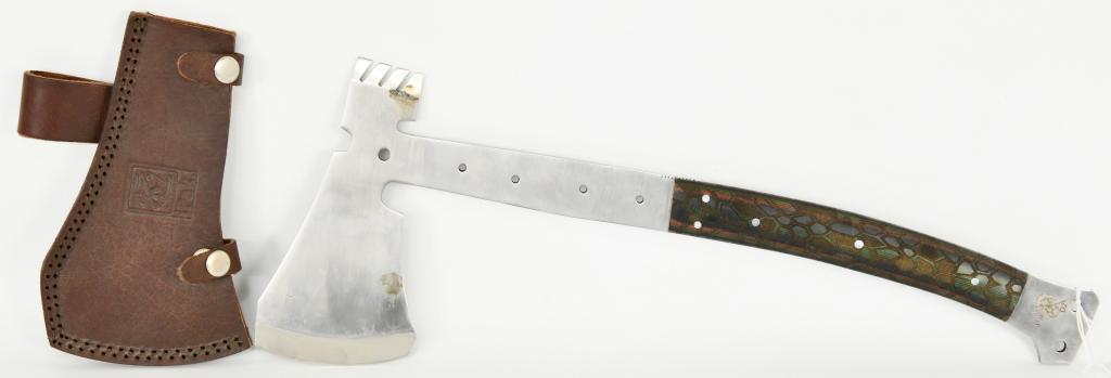 Ipak D2 Stainless Steel 17" Axe: Ipak D2 Stainless Steel 17" Axe, Comes With Brown Leather Blade Cover , has Green & Brown Color Wood Handle