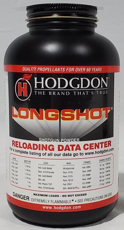NEW Bottle Of Hodgdon Pistol/Shotgun Longs: new 1 pound bottle of Hodgdon Pistol/Shotgun Longshot LS1 1 lb. canister-Spherical powder-Versatile shotshell propellant for heavy field loads-Provides true magnum velocities with superb patterns-Grea
