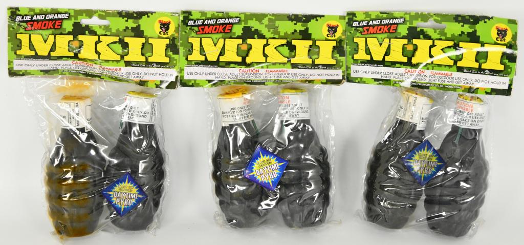 Lot Of 3 MKII Black Cat Blue & Orange Smokes: Lot Of 3 MKII Black Cat Blue & Orange Smoke Grenades New In Package , There Is 3 Packs Of 2 Grenades Per Pack For A Total Of 6 Grenades