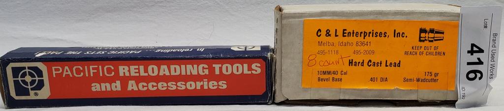 Hornady .45 Colt Die Set &Pacific Reloading Tool: Lot contains a set of .45 Colt Dies, one is the crimp seater and the other is sizer, and the other item is a Pacific .264 Carbide expander tool all in real nice pre owned condition