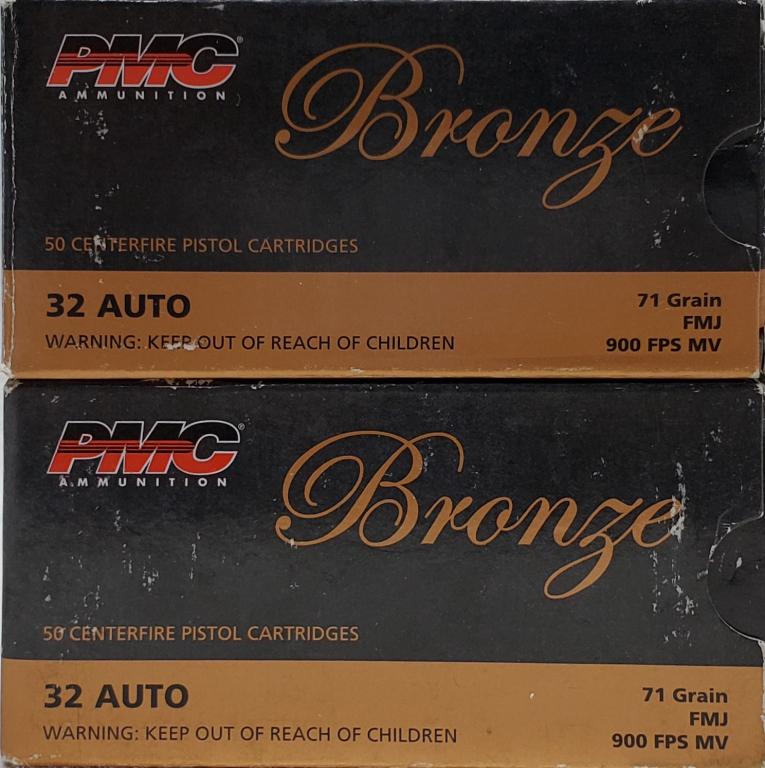 84 Rounds Of PMC Bronze .32 Auto Ammunition: PMC Bronze ammunition is commercially produced at the Poongsan factory in South Korea. This high quality economical load will allow you to enjoy the shooting sports so that you can spend less on ammo.