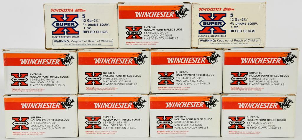 50 Rounds of Winchester Super-X 12 Ga Slugs: 50 Rounds of Winchester Super-X 12 Ga Rifled Slugs 2 3/4" 1 Oz Plastic Shotshells , Western, Olin