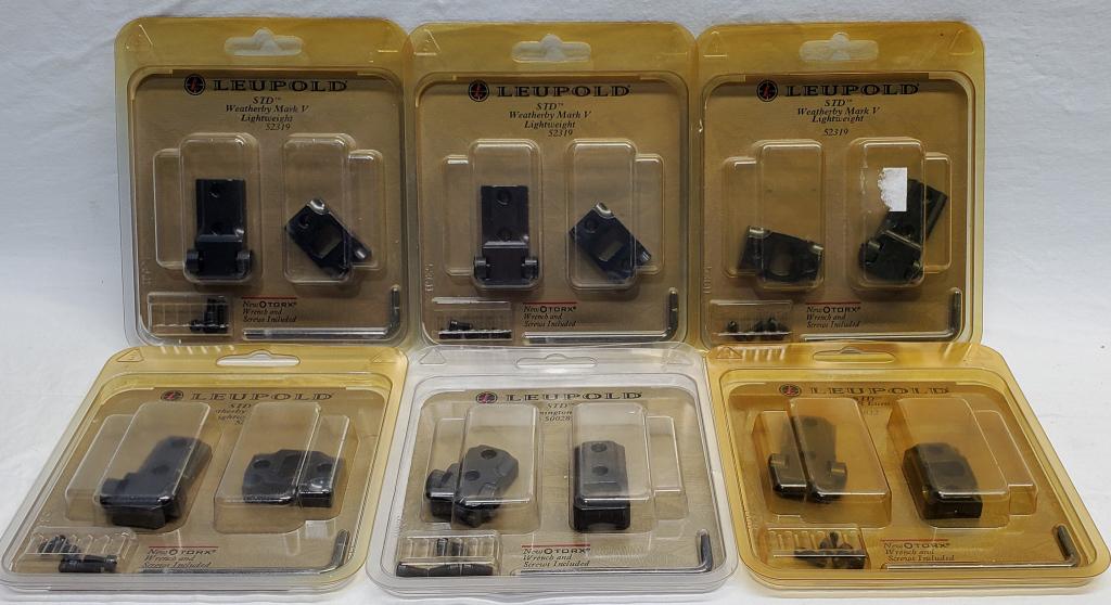 LEUPOLD Lot 6 pks various Mounts see below: lot contains 4 packages of Leupold STD Weatherby Mark V Lightweight mount #52319 new in package there is 1 package of Leupold STD Remington 541 mount #50028 and one package of the Leupold STD BR EURO 