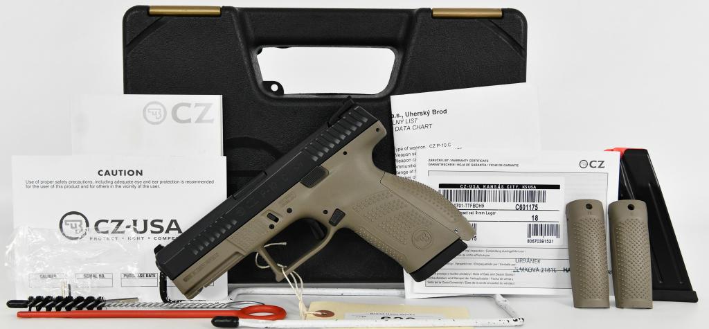 NEW CZ P10-C Compact 9mm FDE Pistol With Tritium: Up Next We Have a New CZ P10-C Compact Pistol Chambered in 9mm, FDE With Tritium Night Sights. Model 91521, Comes in The Factory Hardcase With 2 Magazines, Paperwork, 3 Interchangable Backstraps, Clea