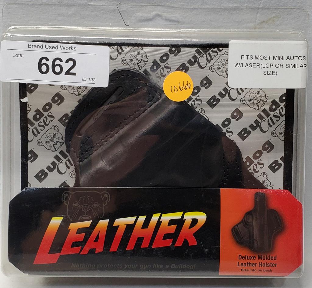 Bulldog Cases Deluxe Molded Leather Holster with: Thumb Break Right Hand Mini Autos with Laser Black New In Package Deluxe Molded Leather Holsters from Bulldog Cases are made from the highest quality leather that has been tooled by hand and tanned to