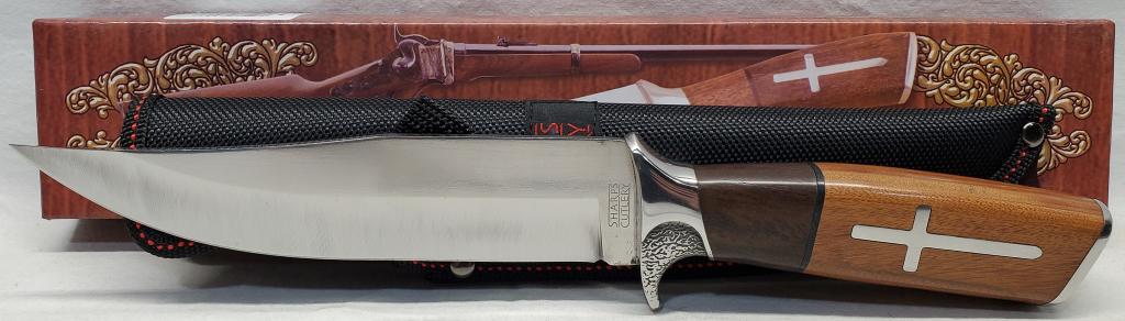Sharps Cutlery Bowie Fixed Stainless Knife New In: Box Frost SHP010 Sharps Cutlery Bowie Fixed Stainless Clip Point Blade Knife with Brown Wood Handle Model - FSHP010. Sharps Cutlery. 12" overall. 6.5" satin finish 3Cr13 stainless clip point blade. Br