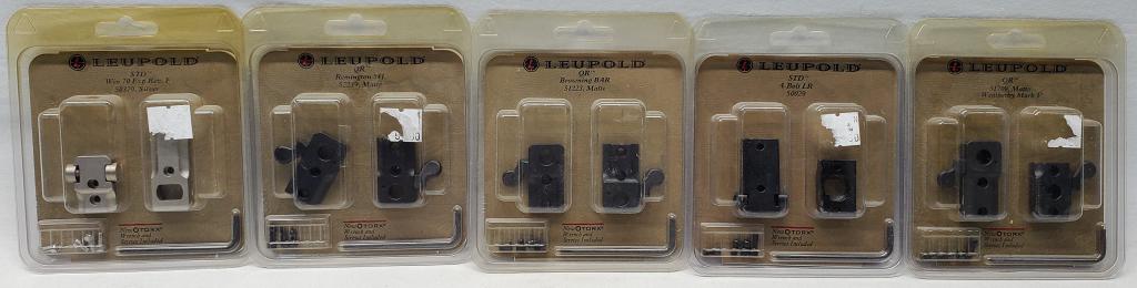 Lot of 5 Leupold Scope Mount Bases New In Package: This Lot Includes 1 STD Win 70 Express REV F. Silver Color , 1 QR Matte Black Weatherby Mark V Bases , 1 STD A-Bolt LR Matte Black Bases , 1 QR Browning Bar Matte Black Bases , & 1 QR Remington 541 Ma