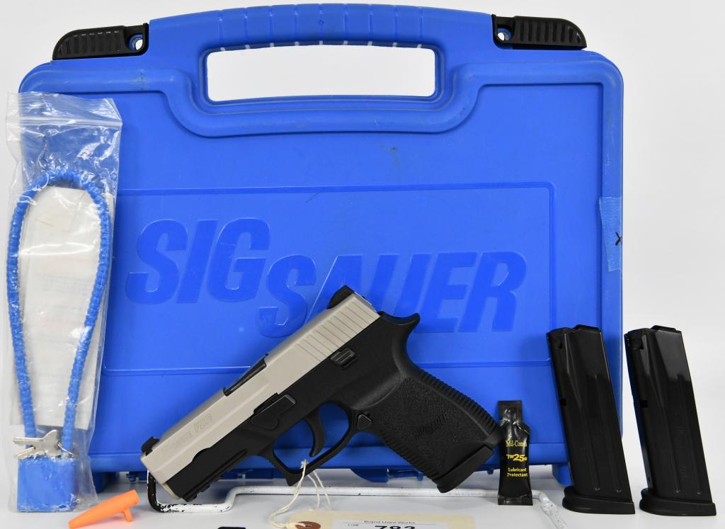 NEW Sig Sauer P250 Compact 9MM Semi Auto Pistol: Up Next we have a Unfired Sig Sauer P250 Compact Semi Auto Pistol Chambered in 9MM. It Comes with 3 Magazines, Lock, Duotone Stainless Slide, Ambi Safety, in the Factory Hardcase, Hardcase hinges are 