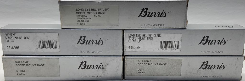 Lot of 5 Burris Scope Mount Bases New In Box: This Lot Includes 1 Burris Supreme SU-TCS Scope Mount Base , 1 Burris Supreme Scope Mount Base SU-H , 1 Burris Long Eye Relief Dan Wesson No Drill No Tap LU-NT-DW Scope Mount Base, 1 Burris Long Eye R