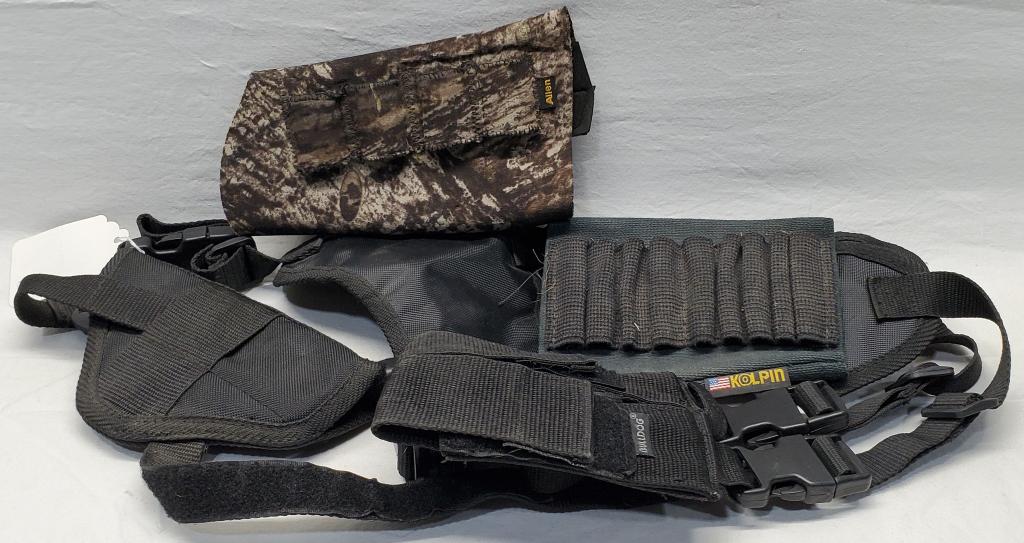 Lot of Various Holsters & Ammo Pouches This Lot: Includes 1 Bulldog Shoulder Holster Size 3 For Compact Autos 2.5" to 3.75" , 1 Kolpin 9 Round Ammo Pouch & 1 Allen Shotgun Butt Stock Ammo Pouch Sleeve 4 Rounds