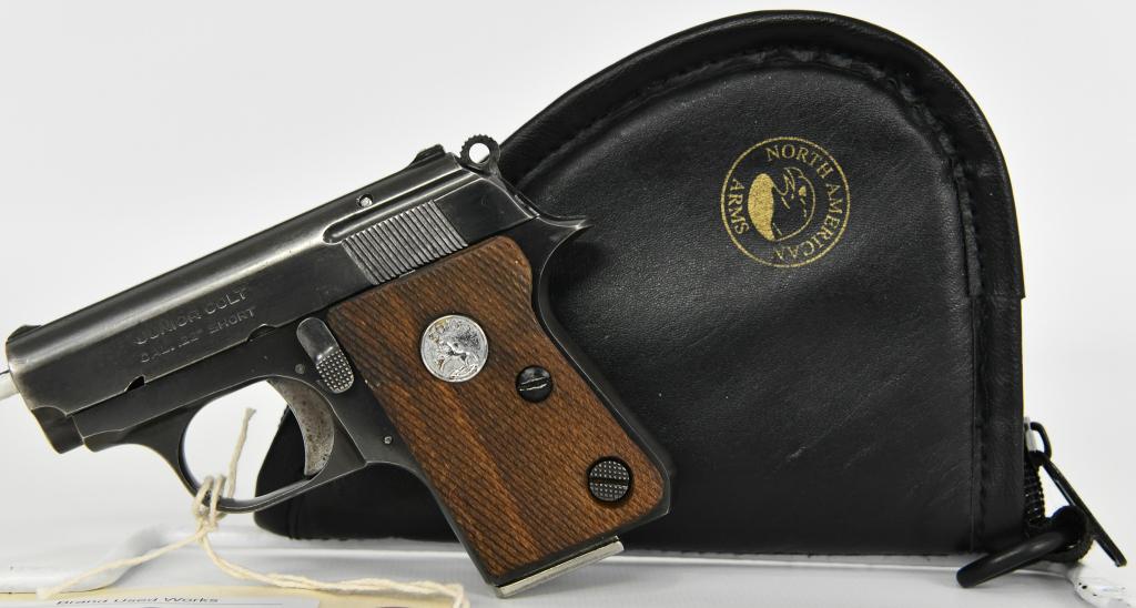 Colt Junior Semi Auto Pocket Pistol .22 Short: Up Next is a nice little pre-owned Junior Colt Automatic Pistol chambered in .22 Short and comes with 1 factory magazine. It Comes in a soft Zippered Case. Serial # 14427cc It is in Excellent pre-owne