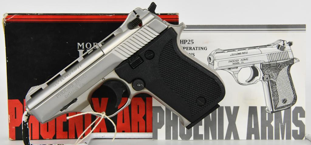 Phoenix Arms Model HP22 Pistol .22 LR: Up for auction is a Phoenix Arms Model HP22 Pistol Chambered in .22 LR , Comes with 1 factory magazine, in The Factory Box with Paperwork, in Excellent pre-owned Like New condition. 3" BBL, made in On