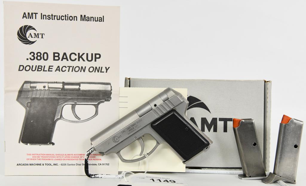 AMT .380 Back Up Semi Auto Pistol: Up for auction next is a nice little back-up pistol, This firearm is made by AMT, Marked Irwindale, Ca. And is chambered in .380 (9mm Kurz) and is in great pre-owned condition. It Comes With 2 Magazin