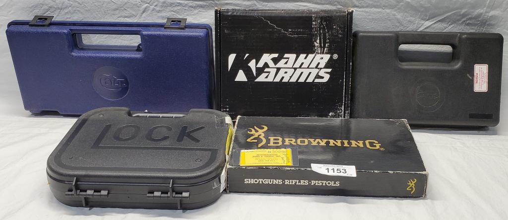 Lot of 5 Various Hard & Box Pistol Cases: This Lot Includes 1 Browning Buck Mark .22 LR Box , 1 Kahr Arms .380 Box , 1 Walther P22 .22 LR Hard Case , 1 Glock 19 Hard Case, & 1 Colt Python Hard Case
