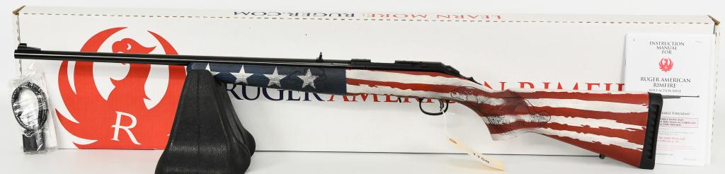 Brand New Ruger American Heartland 22 Magnum Rifle: Up Next We Have a Brand New Ruger American Heartland .22 Magnum Rifle, 22" Barrel, Blue, Hardwood Engraved Farm Scene/Flag, 9-rd, TALO That Comes in the Original Factory Box. Very Cool! CALIBER: 22 Ma