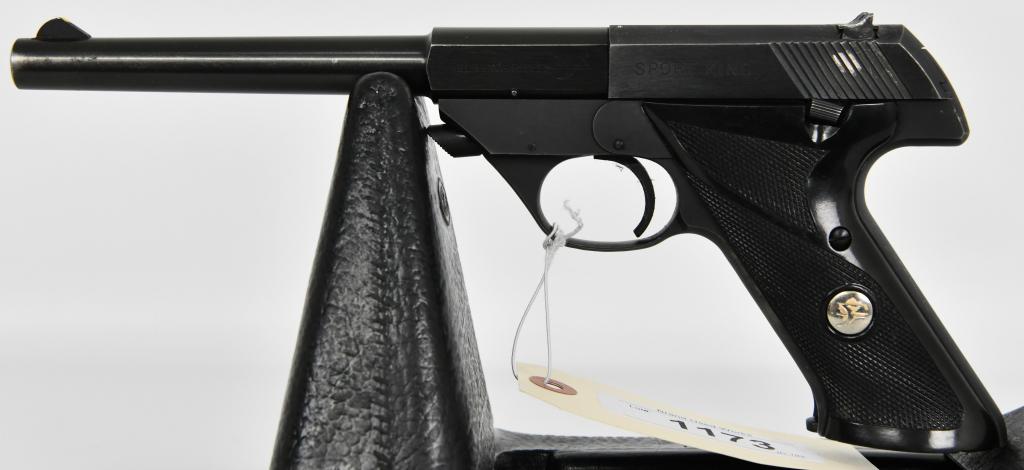 High Standard Model Sport King Semi Auto .22LR: Up Next We Have a High Standard Model Sport King Semi Auto Pistol Chambered in .22LR With a 6 3/4" Barrel. Comes with one Magazine, 2 Piece Plastic Grips, Detachable Barrel, Serial # 2430303 Overall i