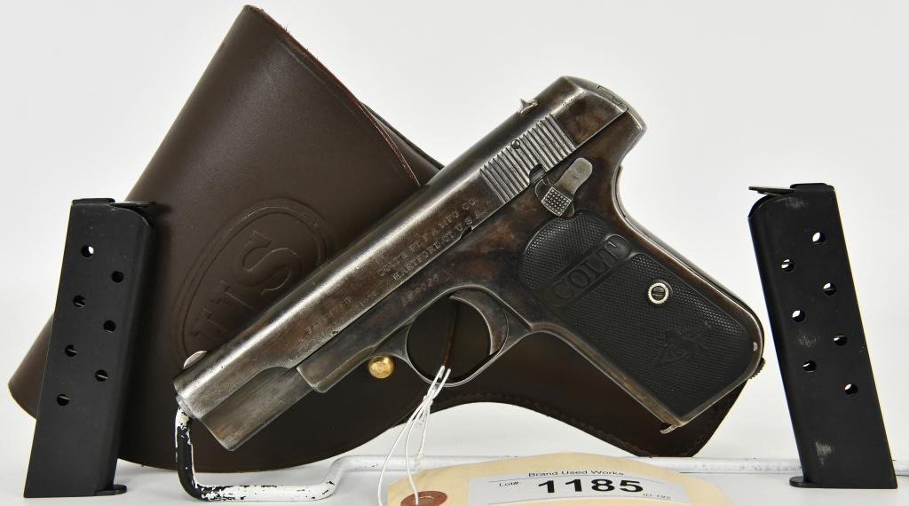 Colt Model 1903 Pocket Hammerless Pistol .32: Up Next We Have a Cool Colt Model 1903 Pocket Hammerless Pistol Chamberes in .32 Rimless. Overall in Great Condition with a very nice Patina. Serial #158926 Dates This One to 1913. With this Pistol yo