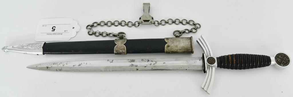 RICH A HERDER Luftwaffe Ceremonial Dagger w/scabba: WWII German Luftwaffe Ceremonial Dagger appears to be 1st Model second type signed by RICH.A.HERDER Solingen comes with Blue Leather Handle with silver wire wrapping and Blue Color on Sheath that has 