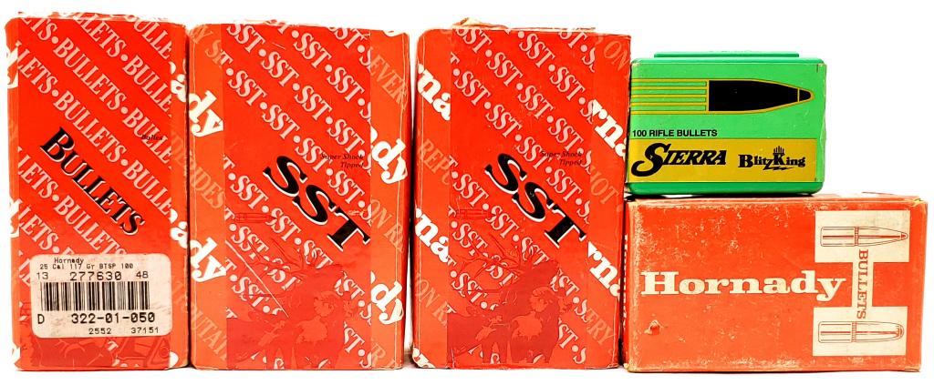 Approx 450 Count Of Various Reloading Bullet Tips: This Lot Includes Hornady .25 Caliber 117 Grain Interlock Tips, Hornady 7mm Caliber 120 Grain V-Max Tips, Sierra .22 Caliber .224 Dia 40 Grain Blitzking Tips, Hornady 6.5mm 129 Grain SST Tips , & Horn