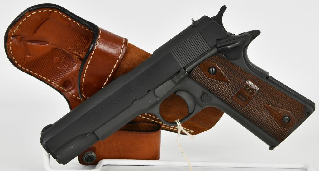 Rock Island M1911 A1 .45 ACP Semi Auto Pistol: Up for auction is a Rock Island M1911 A1 chambered in .45 ACP. Comes with a Ross Leather Holster, U.S. Grips, and One magazine. Overall in Great Pre-owned Condition. More from internet below: Rock Isl