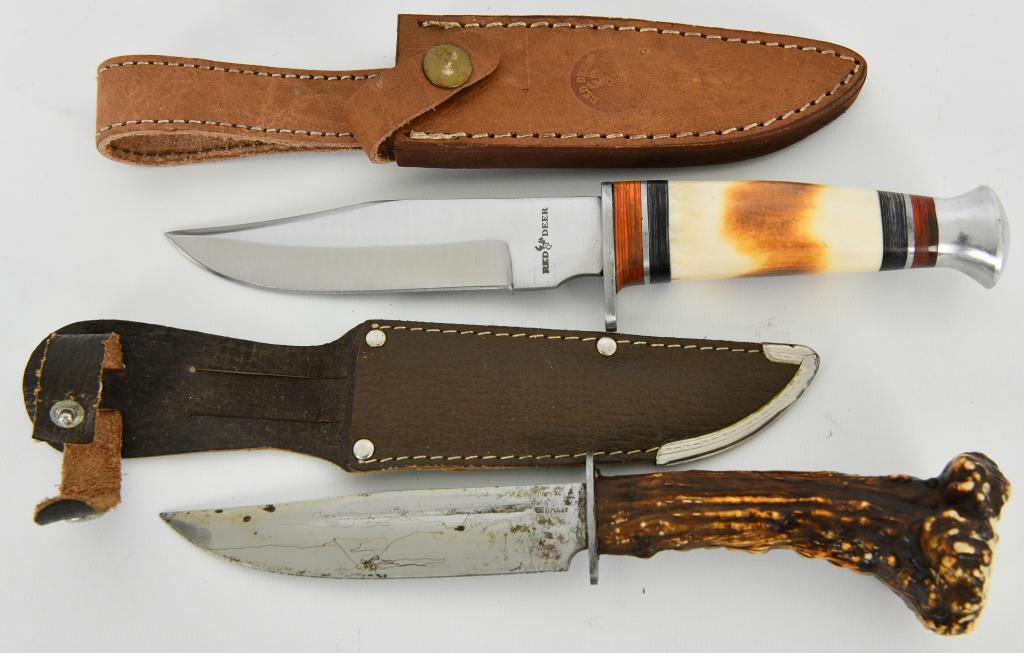 Lot of 2 Collectible Knives Red Deer & GlobeMaster: Here is a great lot of 2 Collectible Knives for your bidding fun! One knife is By Globemaster Made in Germany and comes with a Serial number of 61470/9 Comes with a Faux "Bone Handle" a fixed blade th