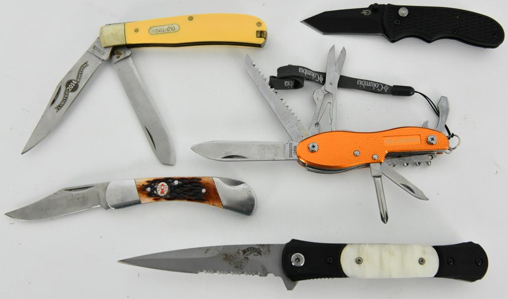 Lot of 5 Folding knife sets: Gerber, Columbia, Old: Lot of 5 Folding pocket knives: First up is GERBER TACTICAL F.A.S.T. DRAW TANTO, The F.A.S.T. Draw has a Tanto blade, it has a partially serrated edge, dual thumbstuds, offers assisted opening technol