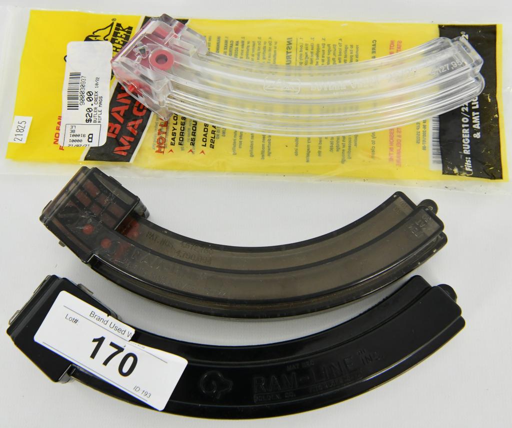 2 Ramline Banana Clips and one Butler Creek 10/22: Lot contains one new in the package Butler Creek Banana Magazine Hot lips for the Ruger 10/22 or Ruger 77/22 and AMT Lightning and two Ramline Clips for the Ruger 10/22 these are 50 round capacity cli