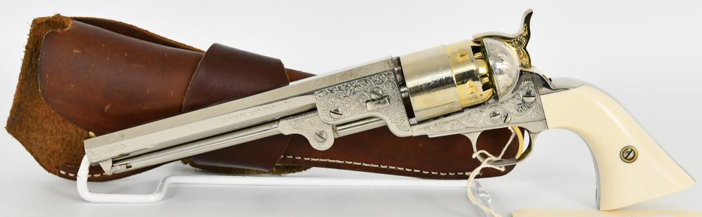 Pietta Model 1851 Confederate Navy .44 Caliber: Up Next We Have a Pietta Model 1851 Confederate Navy .44-Caliber Black Powder Revolver with 7 3/8" octagon barrel engraved nickel finish with gold cylinder, hammer and trigger. Faux ivory grips. Cylin