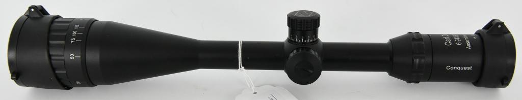 Carl Zeiss Conquest 6-24X50AOMC Clone Riflescope: Here we have a great Carl Zeiss Conquest 6-24X50AOMC Clone Riflescope with Lens covers, matte color, measures approx 16" This is a Mil-Dot Reticle, its green and red, overall condition is super nice, 
