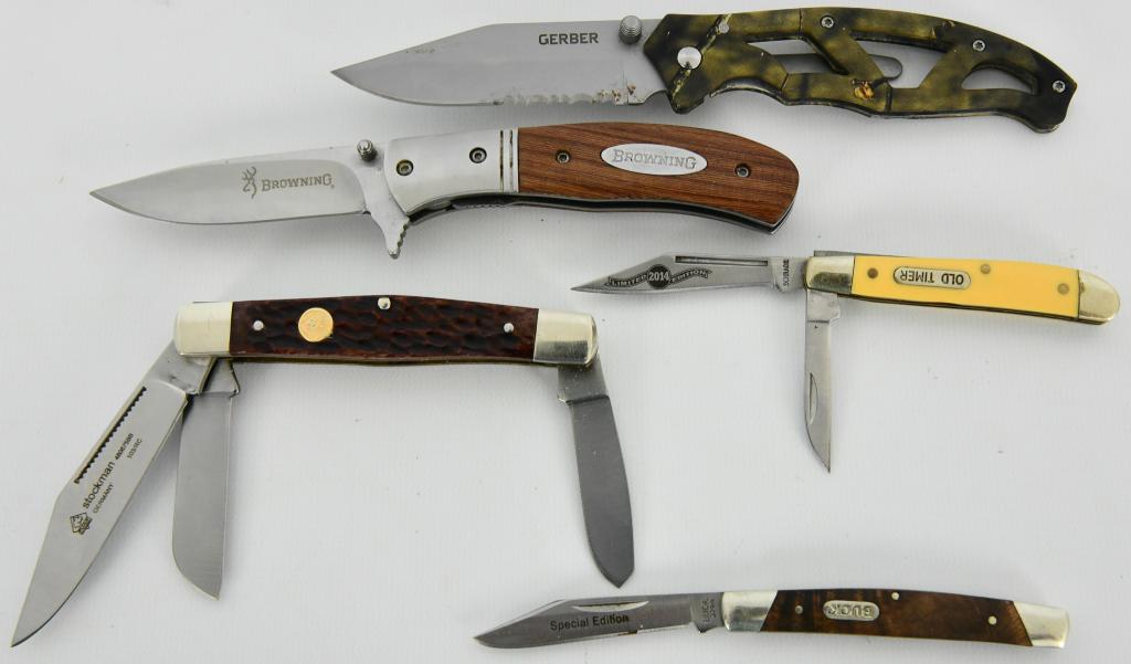 Lot of 5 Folding Pocket Knives: Buck, Old Timer, g: Lot of 5 Folding Pocket Knives for your collection: Lets start with the BUCK small pocket folding knife with a blade approx 2.5" in length, this is the Special Edition Buck 379, next is the Old Timer