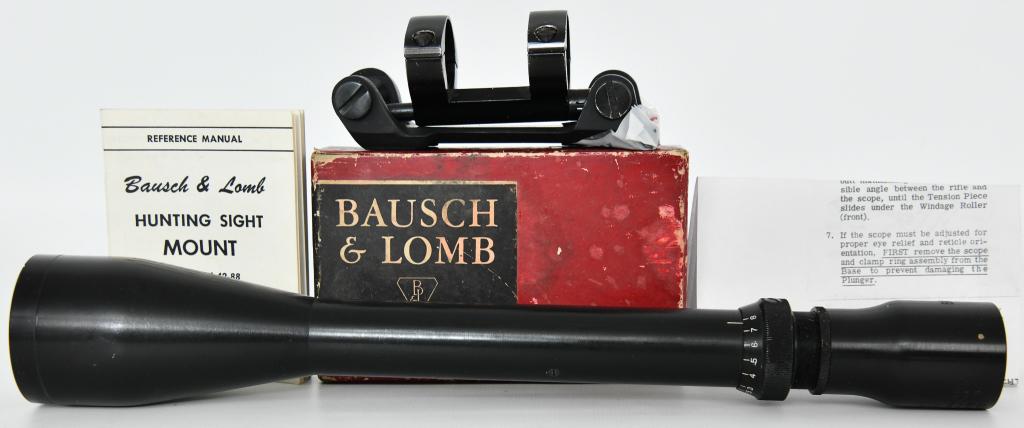 Vtg BALVar 8 Riflescope & Rings & Mount: Vintage Bausch & Lomb 2.5-8x power Balvar 8 Rifle Scope with 1" tube and tapered crosshair retical. Scope is 12 inches long weighs about 12 oz. Field of view 40-12.5 feet at 100 yards. Eye relief 3.5 