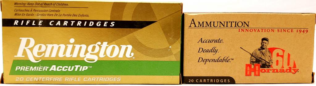 37 Rounds Of .222 Remington Ammunition 20: Rounds Are Remington 50 Grain Accutip Boat Tail Ammo, & 17 Rounds Are Hornady Varmint Express 40 Grain V-Max Ammunition