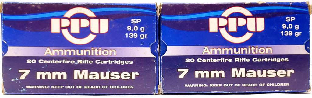 40 Rounds Of PPU 7mm Mauser Ammunition 7x57mm: Mauser (7mm Mauser) 139 Grain Soft Point Since 1928, Prvi Partizan has been producing custom ammunition in Serbia for competition, indoor ranges and big game hunting. Soft point bullets feature a soft