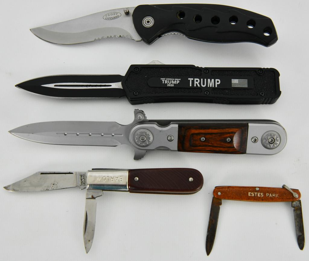 Lot of 5 Folding Pocket Knives:TRUMP Spring Assist: Here is a great lot of Pocket knives for your bidding pleasure: First up is the TRUMP 2020 Keep America Great! Spring Assist Knife with the American Flag, blade is approx 3.25", next up Folding knife 