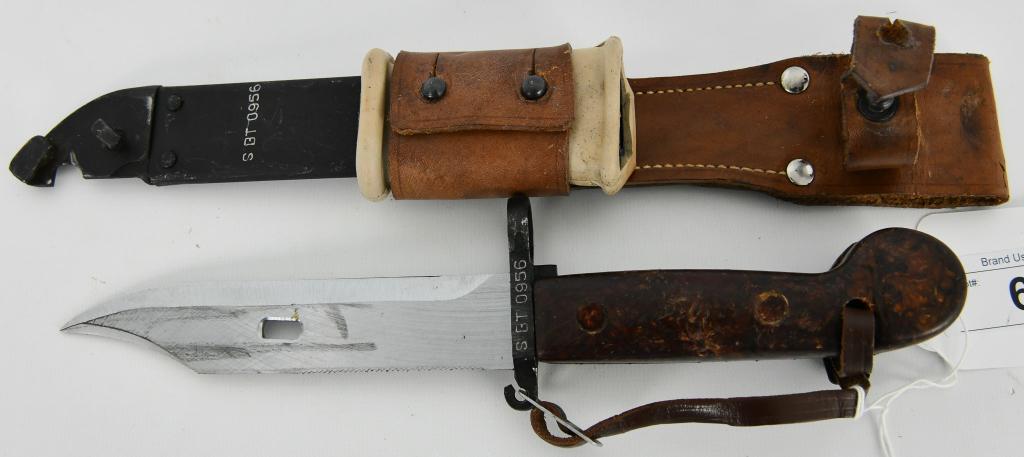 Romanian Type 2 AKM / AK-47 Bayonet w/Sheath: This bayonet has matching number to its scabbard, lot contains the Bayonet, scabbard, leather hanger, leather strap and frog shows some minor wear from service use and storage but are in excellent sur