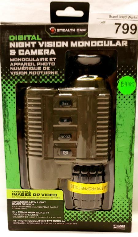 Stealth Cam SD Recording Digital Night Vision 3x: Monocular New In Box IR Filter FDE Digital night vision is just a click away. Advanced low light CMOS sensor allows you to see 400 feet away in the dead of night. It has a 9x digital zoom, 1.5 inch hi