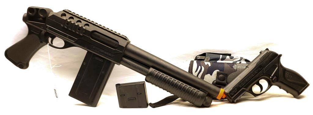 Lot of 2 Airsoft 6mm BB Guns & 1 Holster: Includes 1 Stinger S32P Pump Action Airsoft BB Shotgun With 2 Magazines, Has Crosman Grip & 1 Crosman 6mm Co2 Powered 6mm BB Gun With Extra Magazine & Crosman Camo BB Gun Pistol Holster