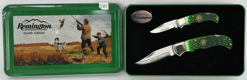 Remington Sportsman Series Family Edition Knife: Remington Sportsman Series Family Edition Knife Set with Tin gift box: There is one folding knife that has the Green Bone style handle with the Remington Logo blade measures approx 2 3/4" the other ma