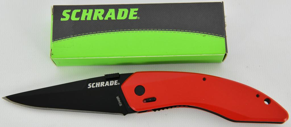 NEW Schrade Landshark Spring Assist Knife 3": Schrade Landshark Spring Assisted Knife Red Aluminum (3" Black) SCHA9R new in the box with paperwork Tackle your day to day knife needs with the Schrade Landshark spring assisted knife. Features: AUS-