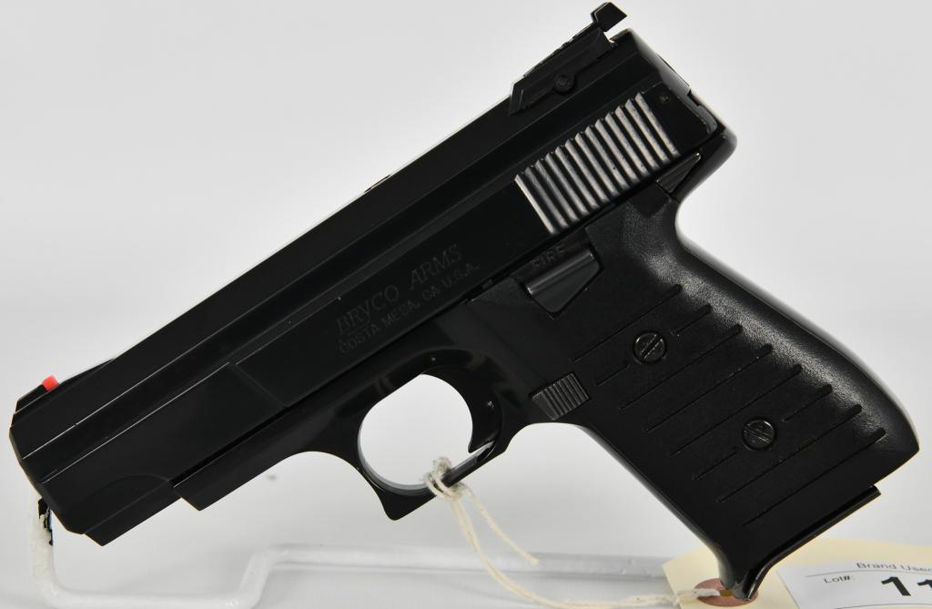 Bryco Jennings Model Nine CA Semi Auto 9MM Pistol: Up Next we have a Bryco Jennings Model Nine CA Semi Auto 9MM Pistol and it is in Excellent Pre-Owned Condition, Comes With 1 Factory Magazine, Adjustible rear sight, fixed front High Vis.